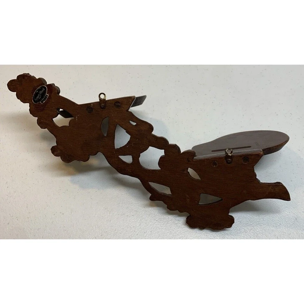 Vintage Bird Dogwood Wood Two Shelf Plate Rack Wall Display Asian Carved MCM